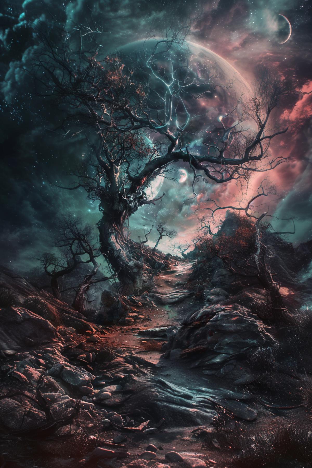 Another planet, parallel world, flickering, magical landscape, Tim Burton style