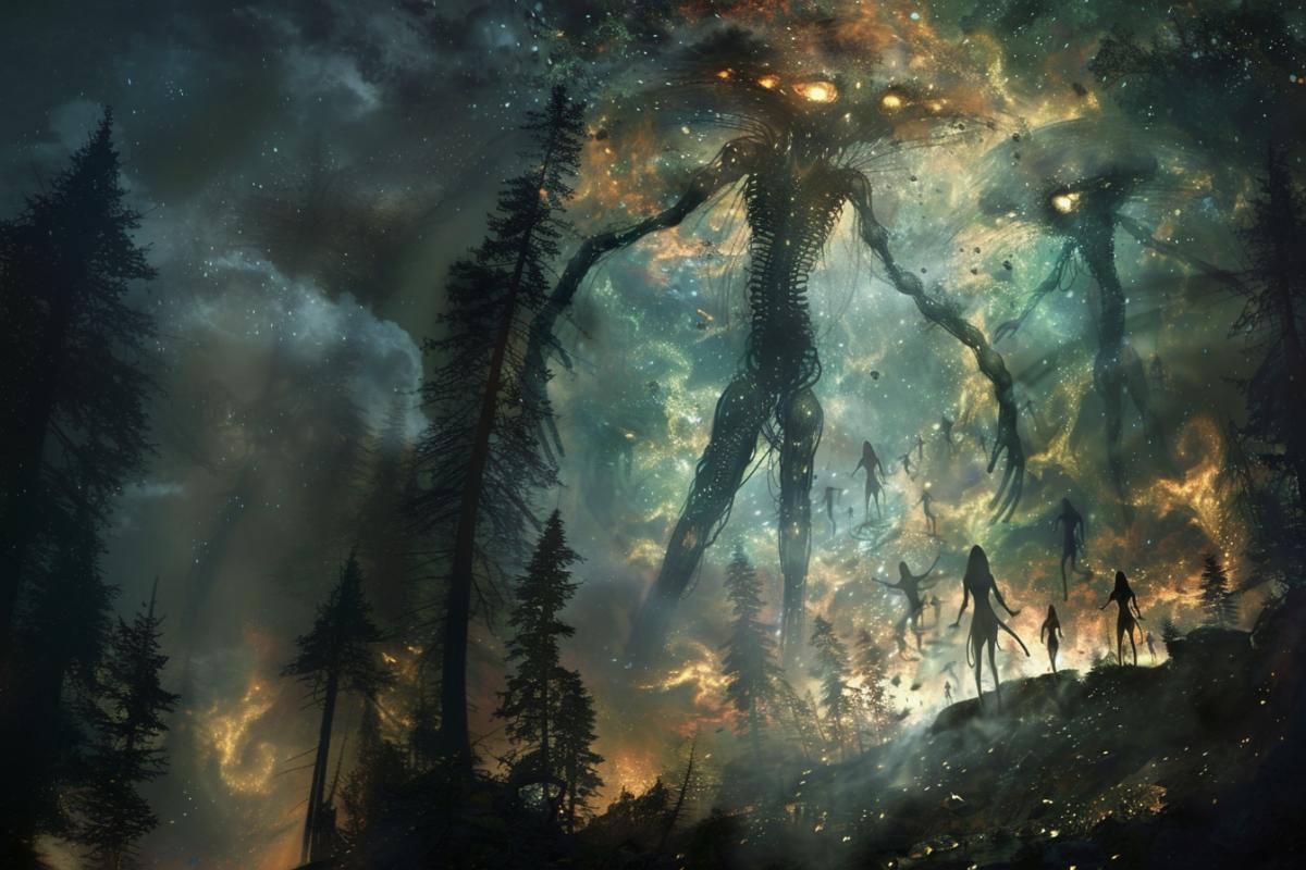 Slender giant aliens, Fairy-tale landscape, parallel world, flickering, mysticism, magic, fantasy