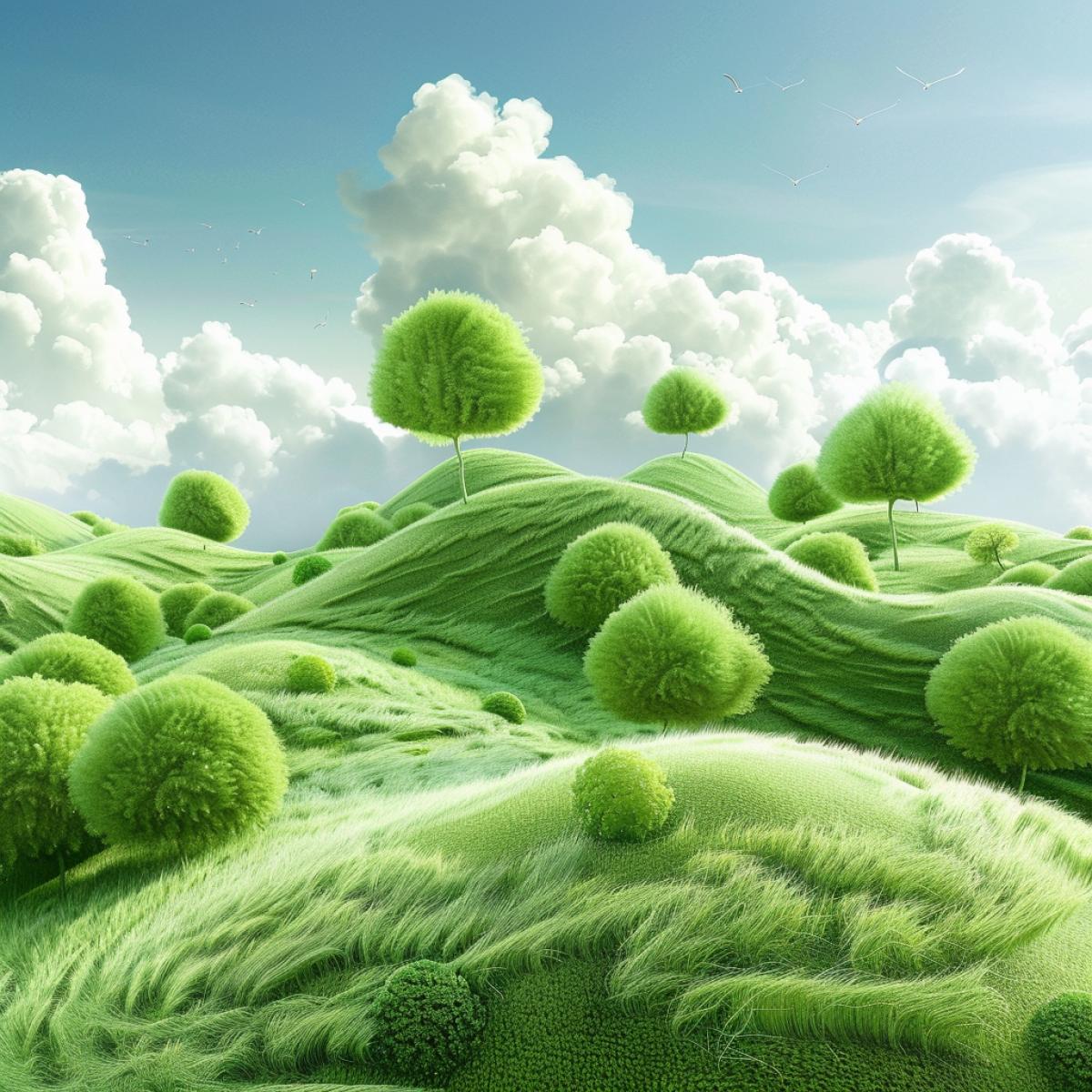 Landscape in Fantastic World of green fluffy objects two colours only green and white