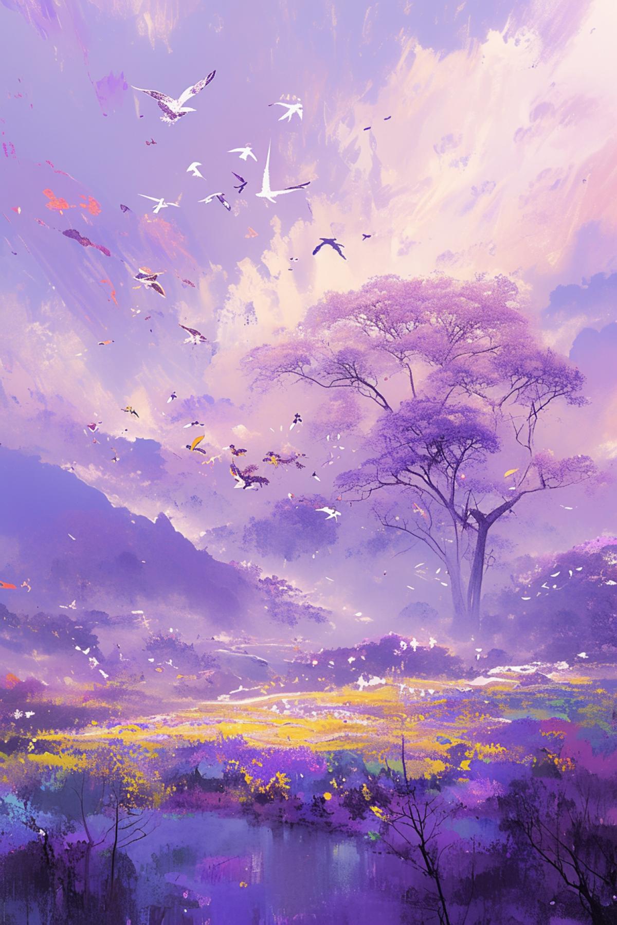 fantastic landscape, beautiful, harmonious, golden colors, lilac fog, golden pyramidal trees, lilac clouds, long-legged birds with rainbow plumage