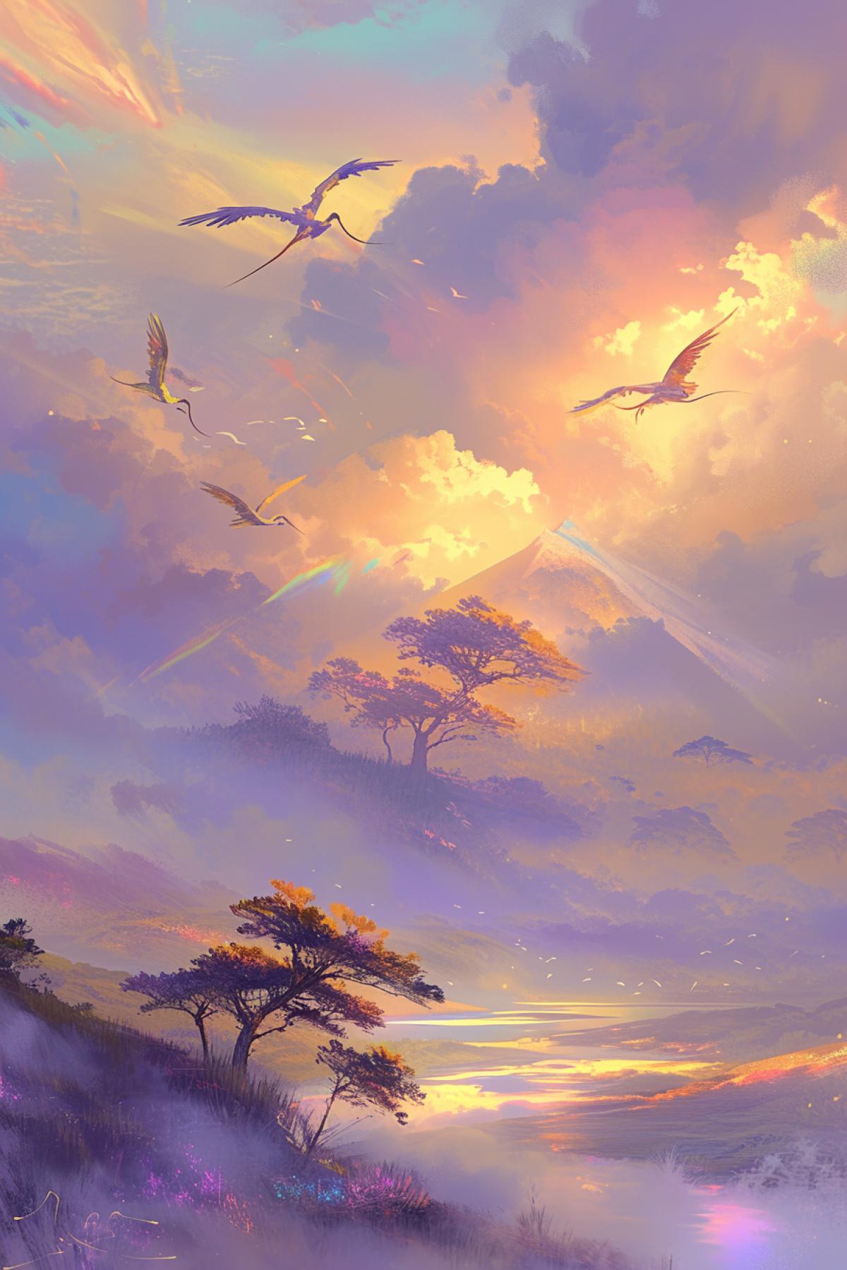 fantastic landscape, beautiful, harmonious, golden colors, lilac fog, golden pyramidal trees, lilac clouds, long-legged birds with rainbow plumage