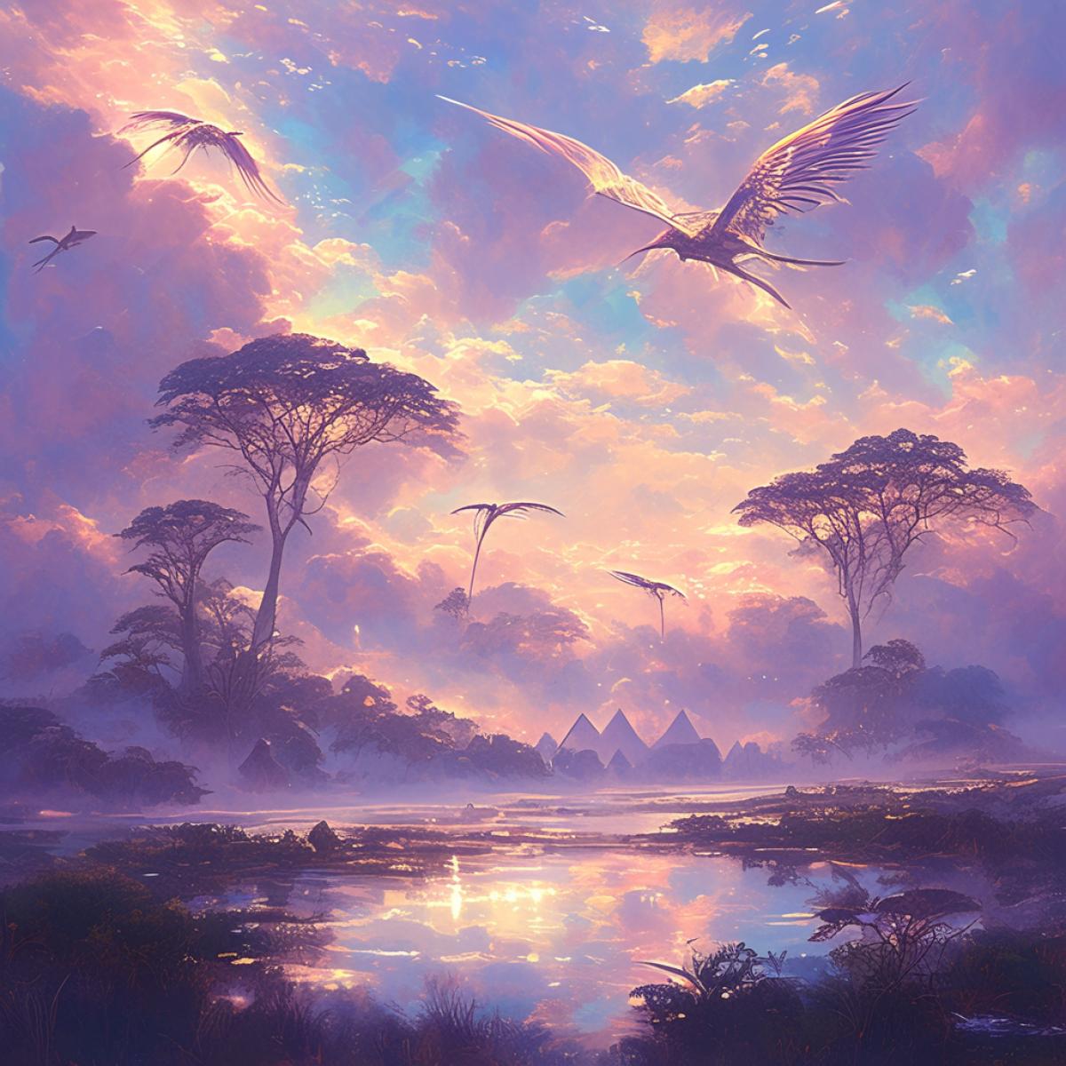fantastic alien landscape, fabulous, beautiful, harmonious, golden colors, lilac fog, golden pyramidal trees, lilac clouds, long-legged birds with rainbow plumage