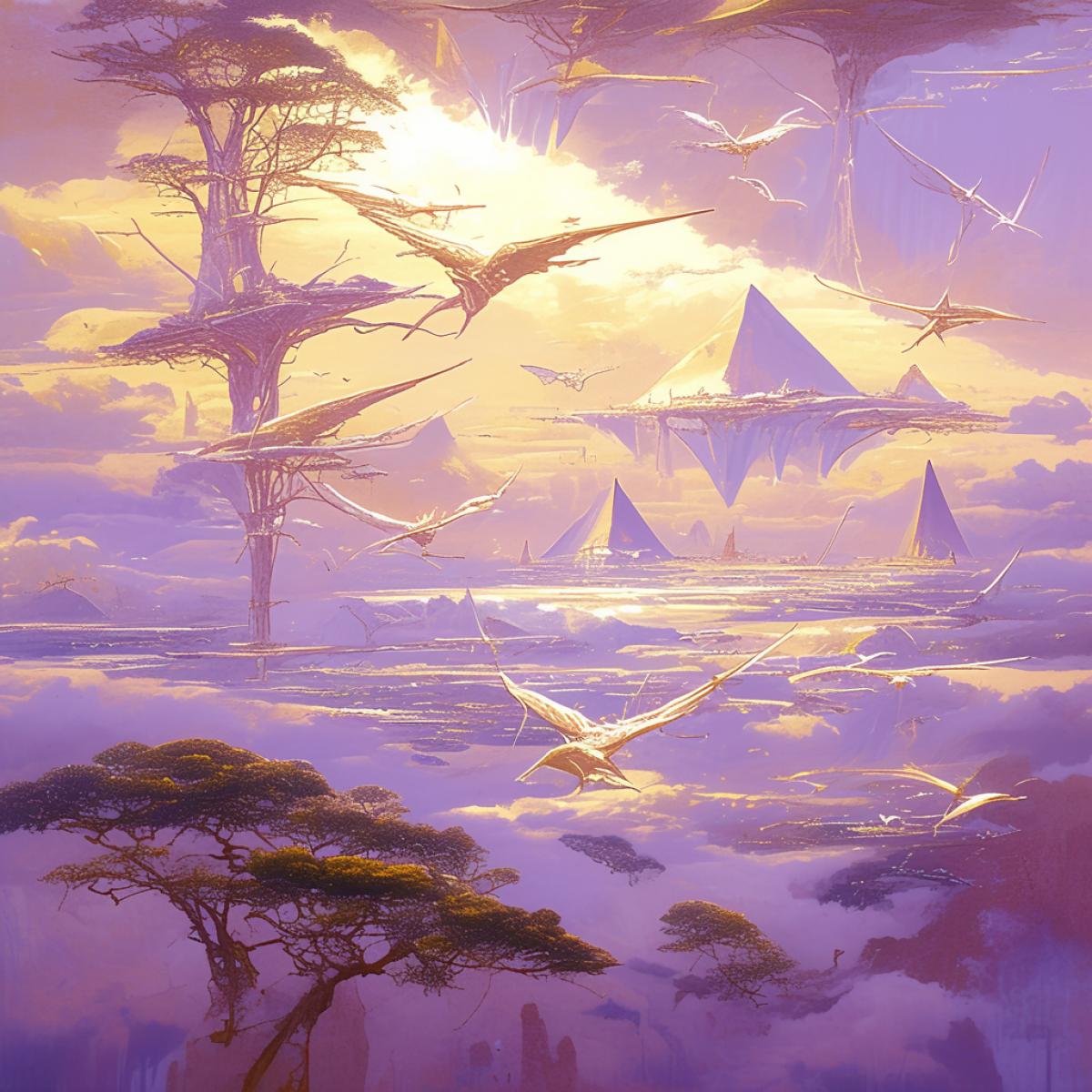 fantastic alien landscape, fabulous, beautiful, harmonious, golden colors, lilac fog, golden pyramidal trees, lilac clouds, long-legged birds with rainbow plumage