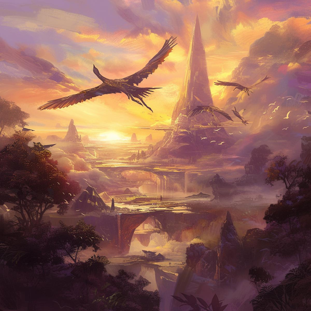 fantastic alien landscape, fabulous, beautiful, harmonious, golden colors, lilac fog, golden pyramidal trees, lilac clouds, long-legged birds with rainbow plumage