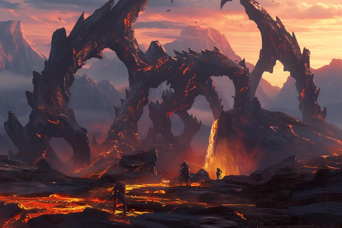 Fabulous alien landscape, lava flows, lava mountains, giant lava golems, fire landscape