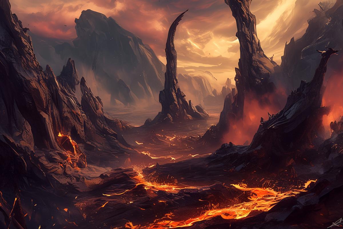 Fabulous alien landscape, lava flows, lava mountains, giant lava golems, fire landscape