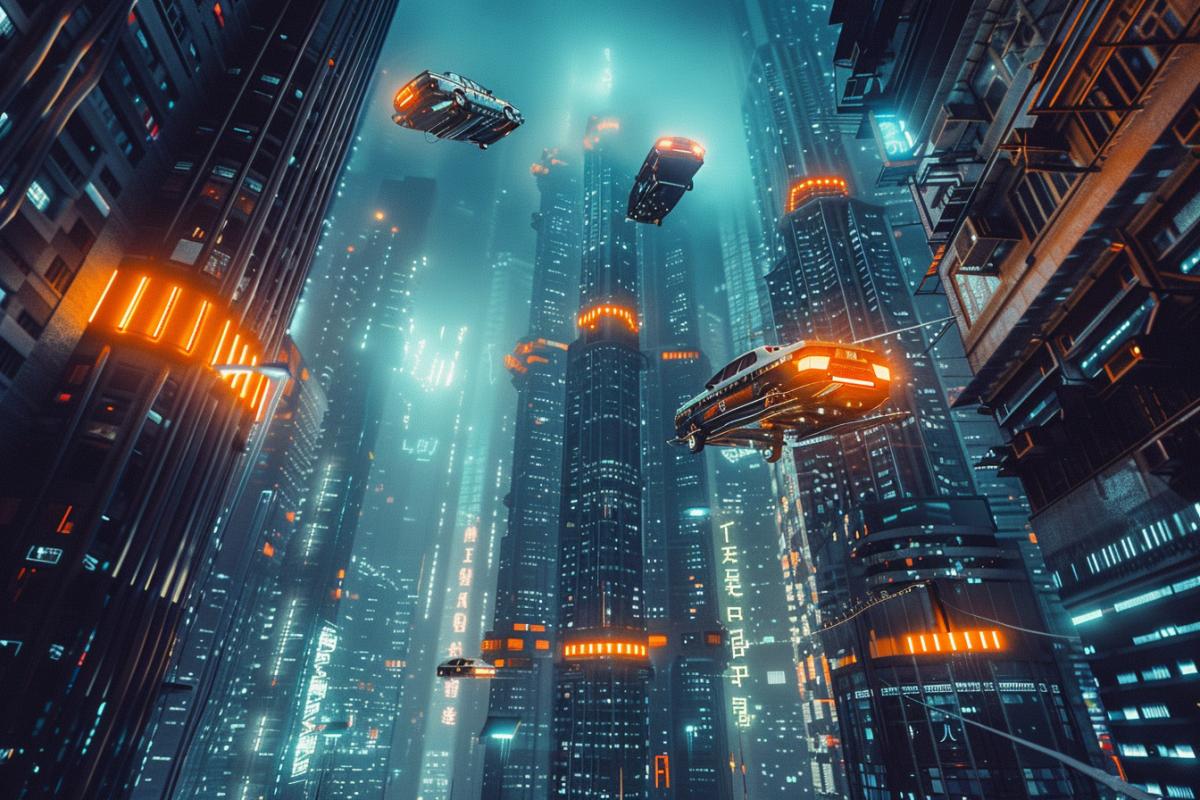 Flying retro taxis fly between high-rise buildings, night, futurism style