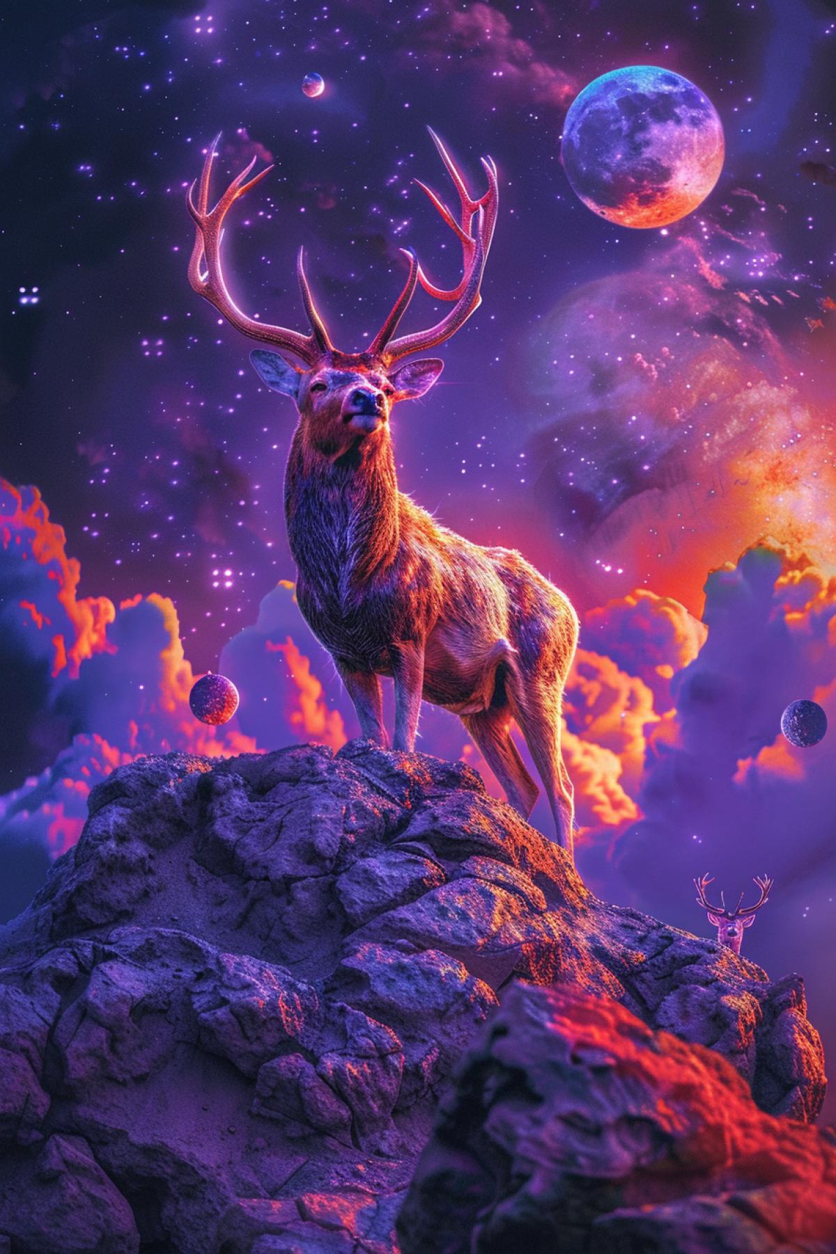 Orange and violet colours Extraterrestrial exotic planet landscape with strange bizarre deerlike exotic animal on the foreground proudly standing on extraterrestrial rock in epic 4k horns merging with skies starry skies several moons Boris Vallejo hyper realistic art oil canvas only two vibrant bright colours orange and violet