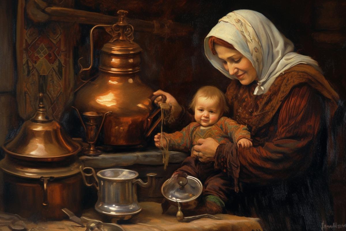 Mother and child with a moonshine still