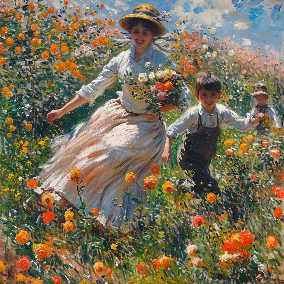 Mother luxury a child, oil painting in the style of Claude Monet, Auguste Renoir, Ilya Repin