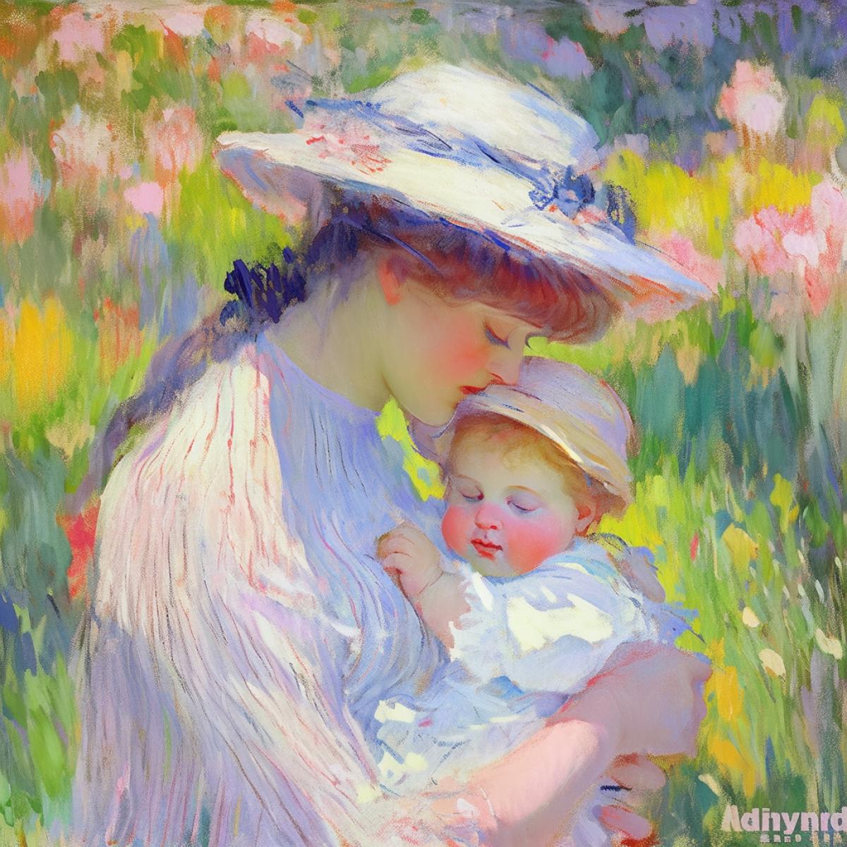 Mother luxury a child, oil painting in the style of Claude Monet, Auguste Renoir, Ilya Repin