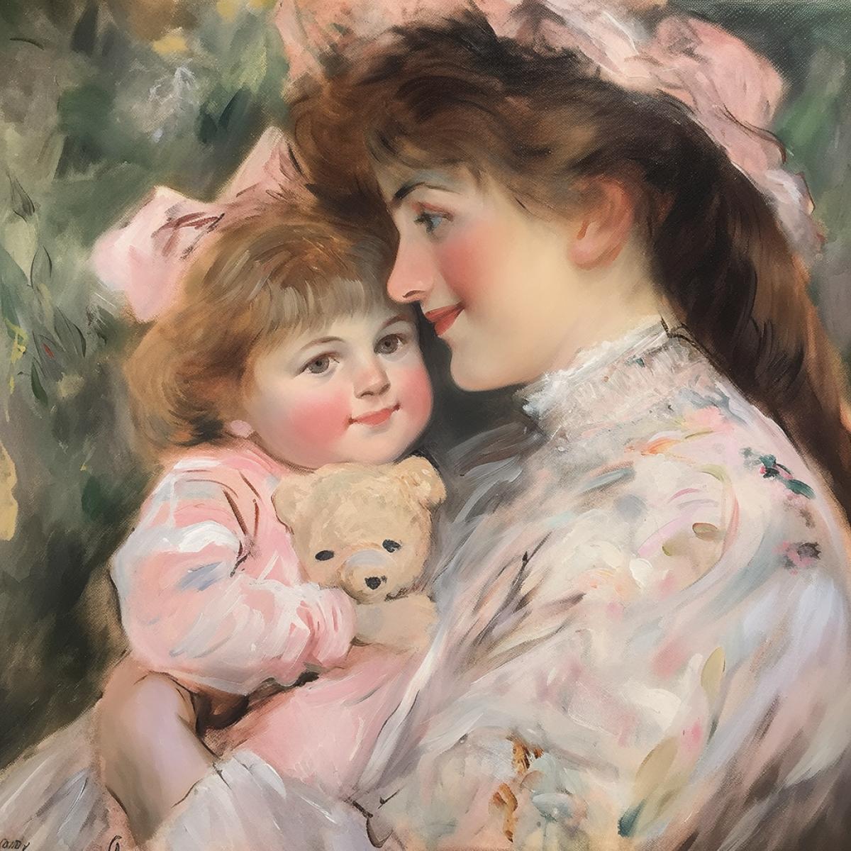 Mother luxury a child, oil painting in the style of Claude Monet, Auguste Renoir, Ilya Repin