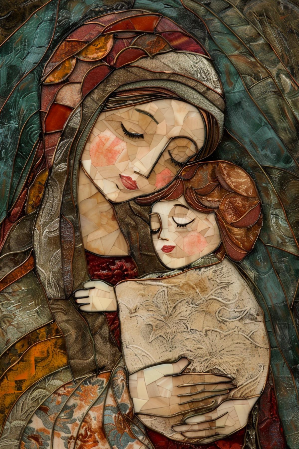 Mother and baby in the style of Helen Beland