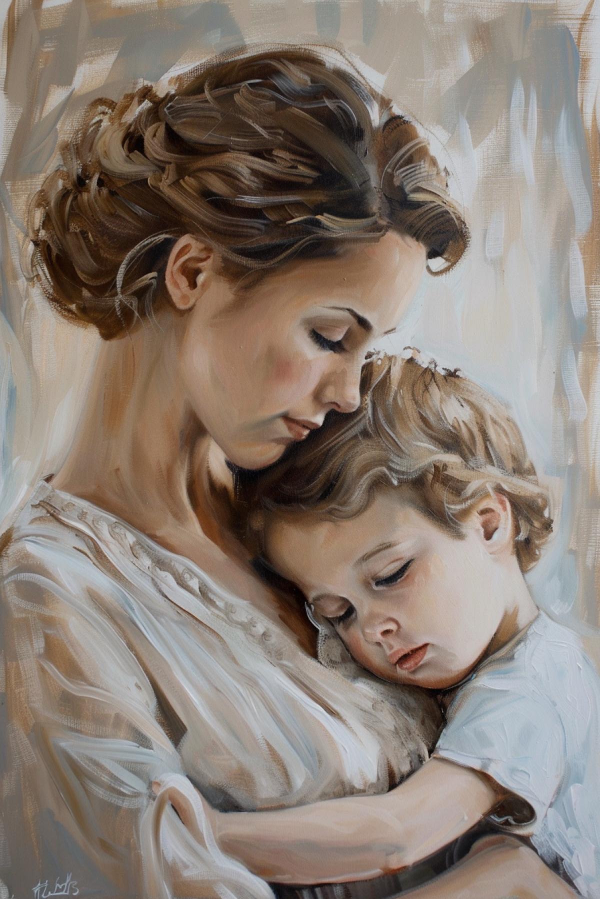 Mother and child in the style of Fincher paintings by Katie Andrews