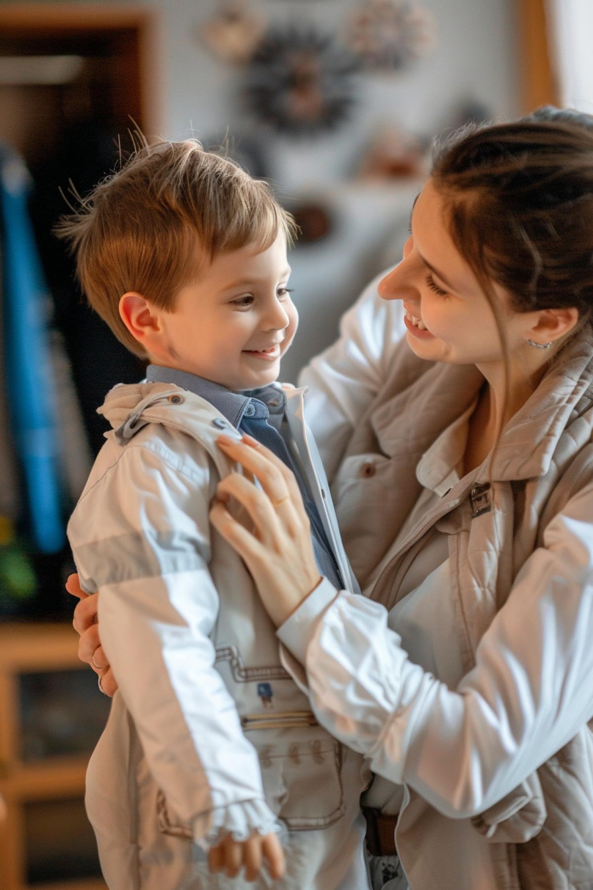 Mother helps her little son get dressed, kindness and tenderness