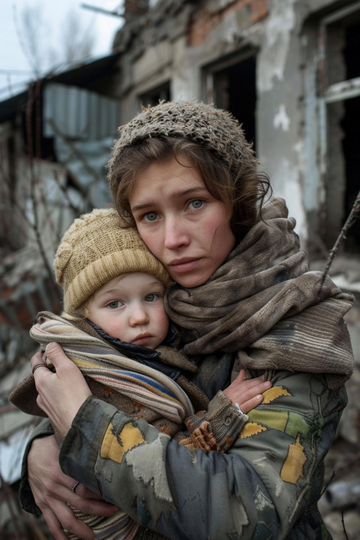 A young Ukrainian woman protects her little son from shelling, an expressive look