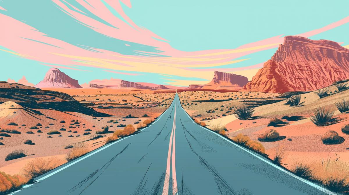 cartoon art of a road in the american desert, mid-century illustration, style marvel, soft color