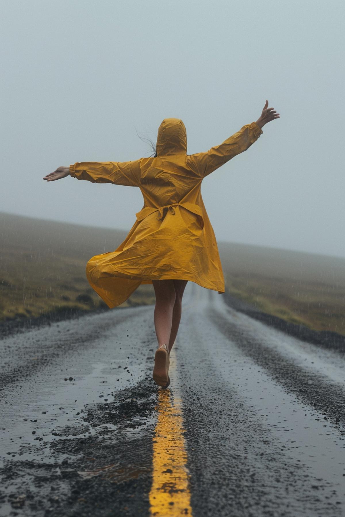 a woman is balancing with her arms on a road in the middle of nowhere. she is wearing a yellow raincoat and no shoes. the light is dark and moody. Shot on a Mamiya 7 medium Format camera. 35mm f 8