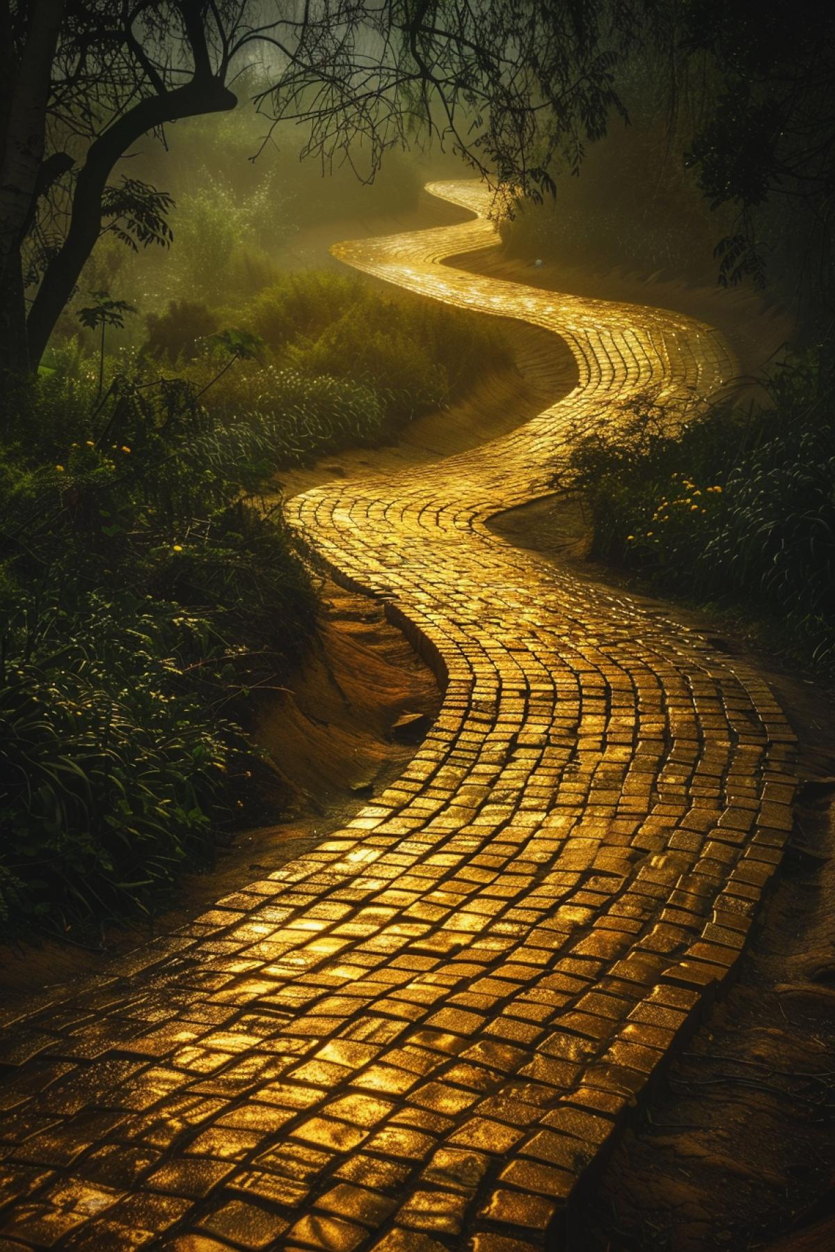 very long partially overgrown shimmering golden brick road twisting and turning over hills and valleys leading into the far far distance, bright hopeful vibes