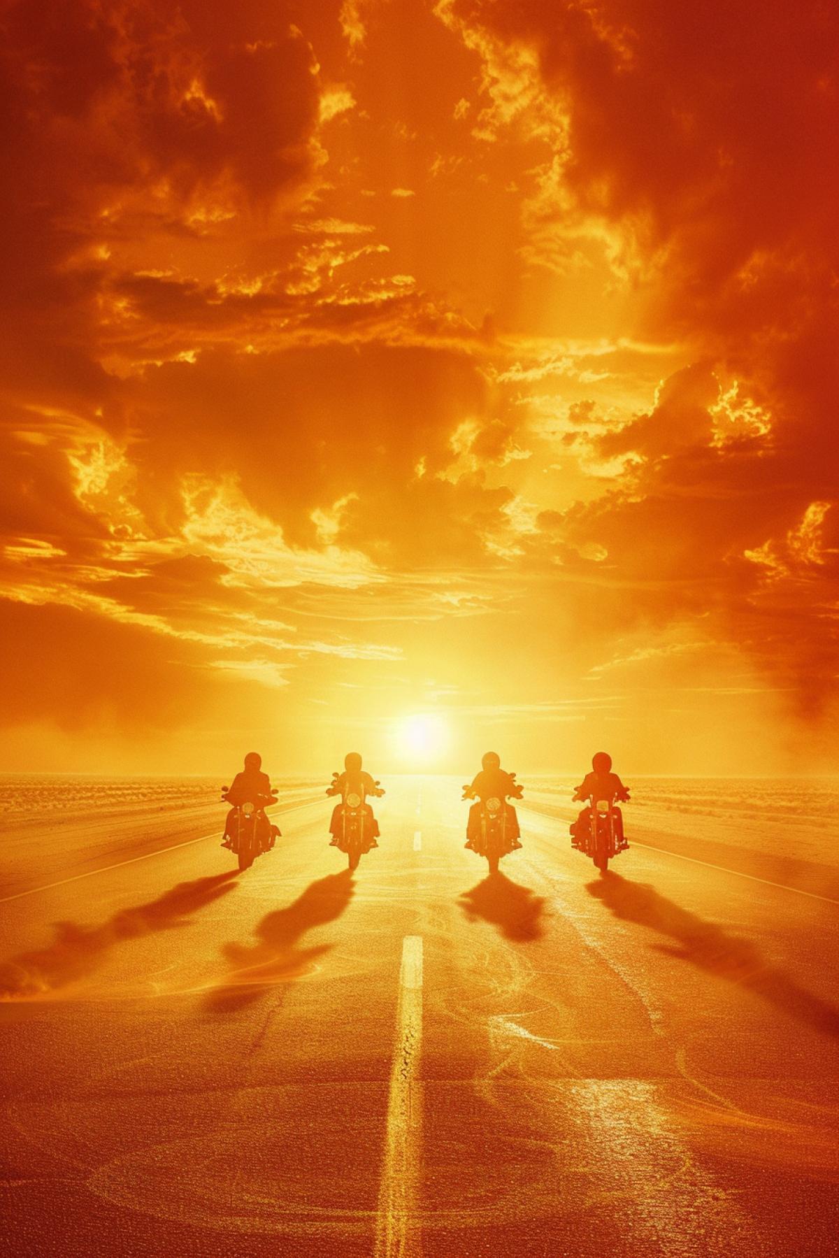 Deserted highway going away in the distance towards the setting sun. The silhouettes of four riders riding off into the sunset against the background of the red sun setting over the horizon.