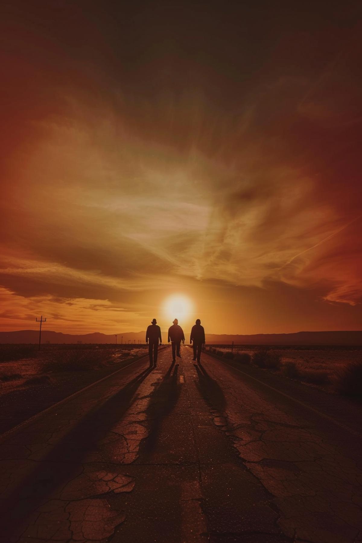 Deserted highway going away in the distance towards the setting sun. The silhouettes of four riders riding off into the sunset against the background of the red sun setting over the horizon.