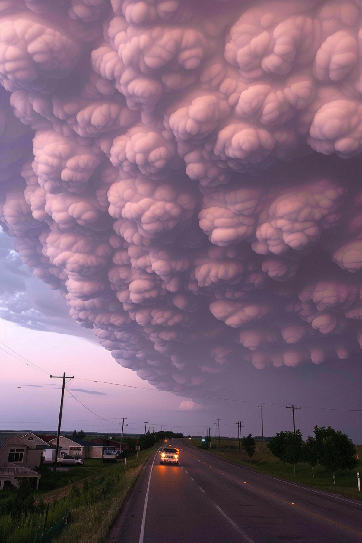 The sky is pink and purple, the clouds at sunset look like rain, trees are visible on one side of the photo, the road is spacious.