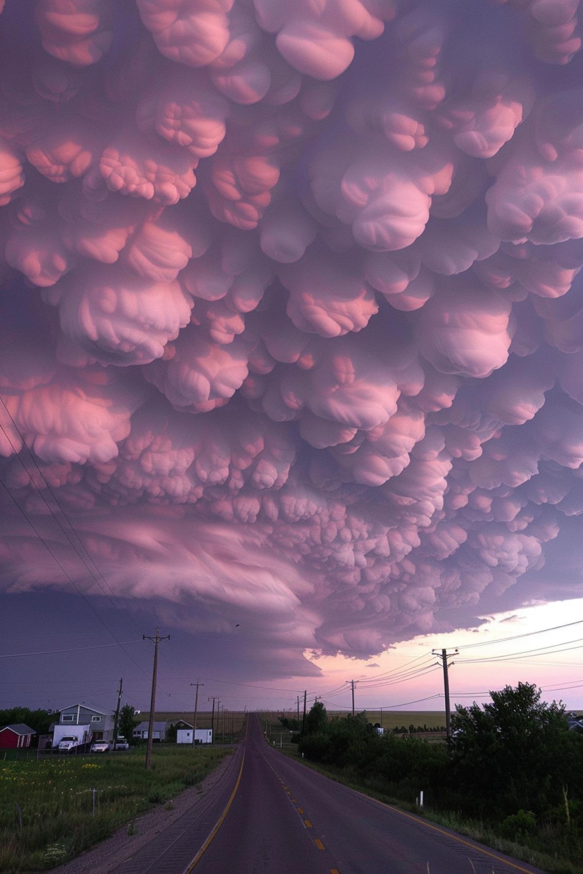 The sky is pink and purple, the clouds at sunset look like rain, trees are visible on one side of the photo, the road is spacious.