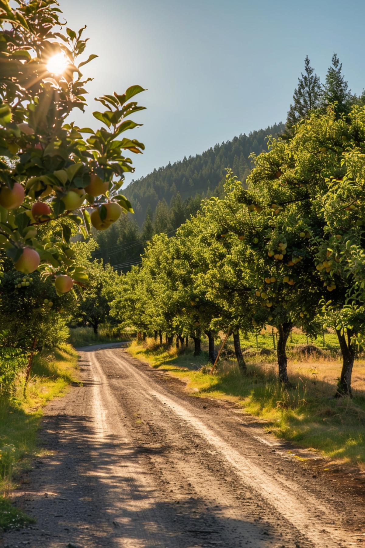 Rural road among apple orchards of Hood River Valley, sunny day, bright, 8K,