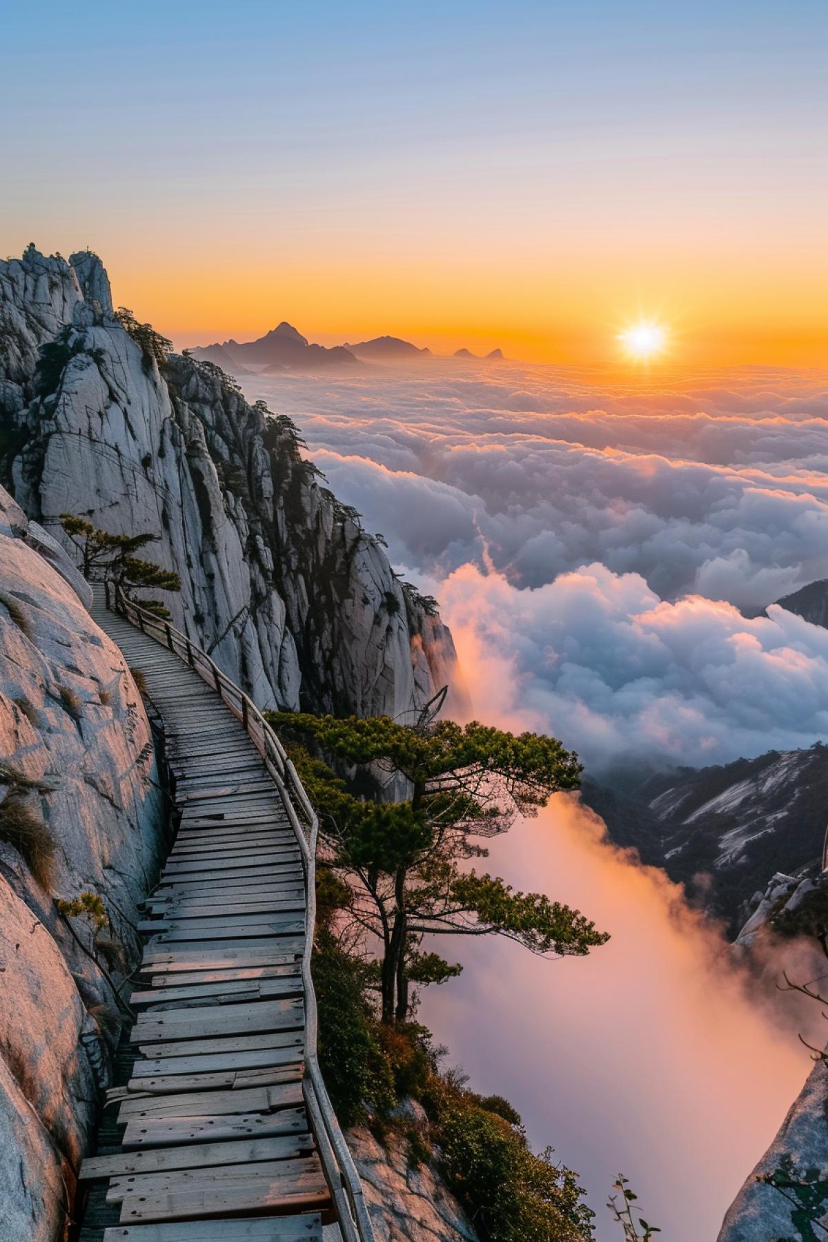huashan mountain, magnificent mountain scenery, steep plank road, sea of clouds and sunrise, history and culture, natural ecology, texture and texture