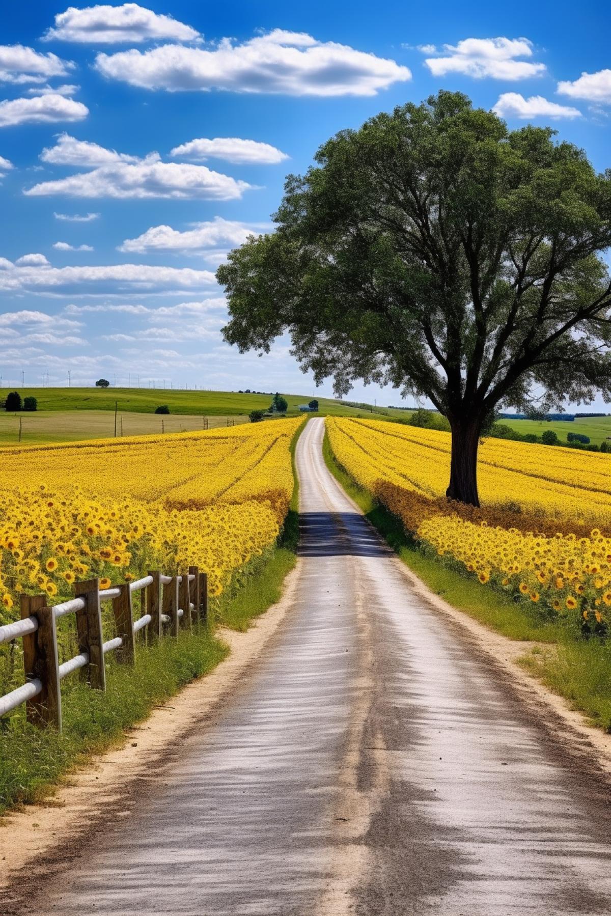 Country road, on both sides you can see fields with sunflowers, ahead is a bridge over a river and then there are many trees