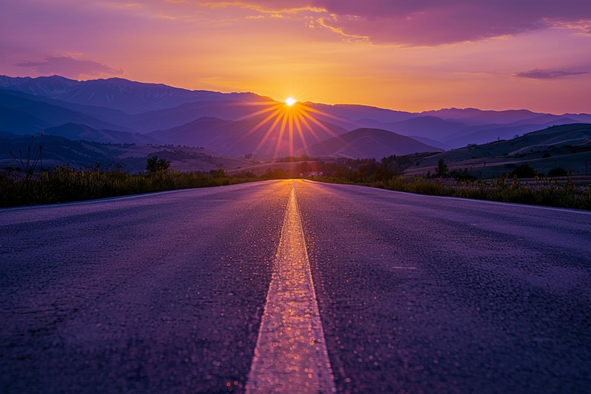 road in perspective, mountains in the background, sunset, sun in front, orange and purple colors, high quality photo