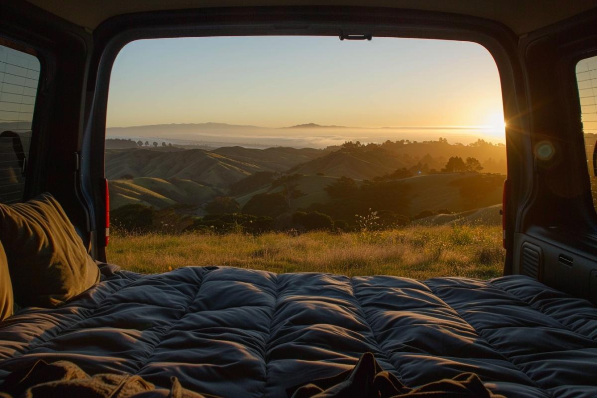 The view outside is of rolling hills at dawn, with sunlight casting long shadows over them. A sense of solitude and peace envelops the scene as they look out into nature from inside the vehicle