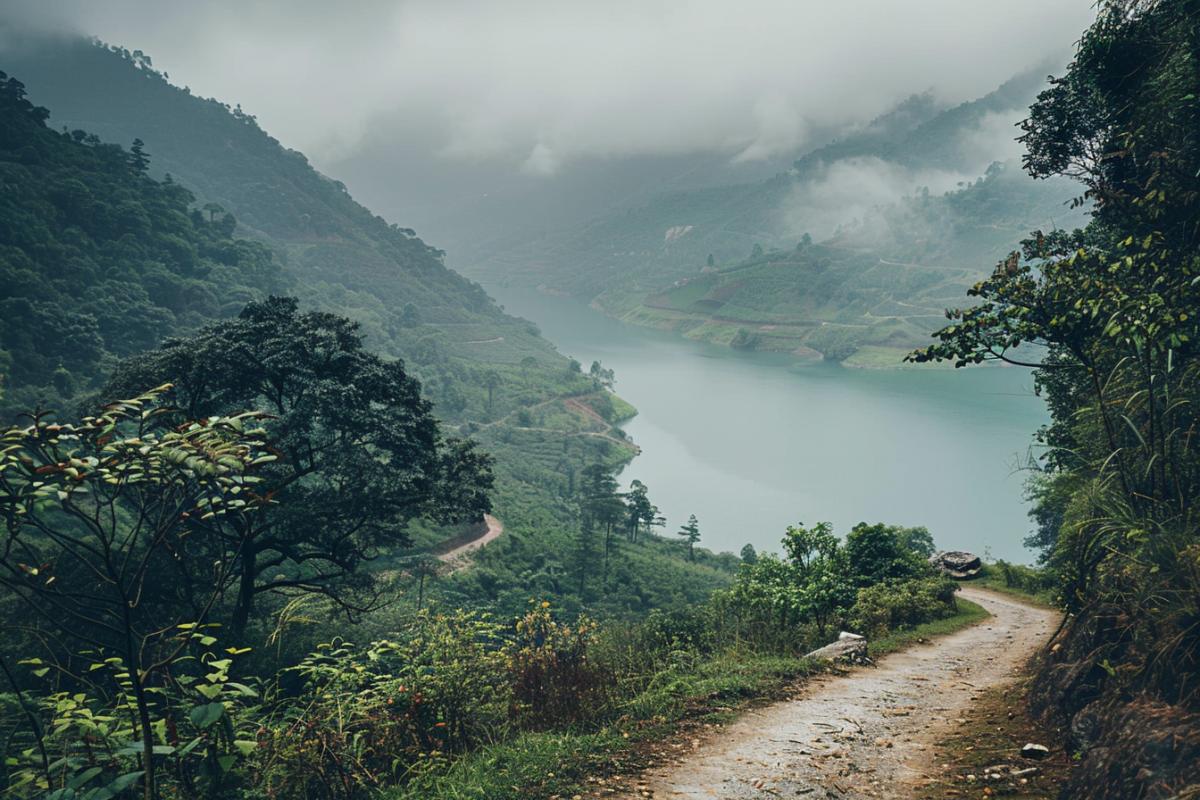 trail in a mountains with forest on one side and water on the other by shaikh saad by stocksy united, in the style of traditional vietnamese, lo-fi aesthetics, ilford pan f, gray and brown, colorful washes, traditional chinese, stone