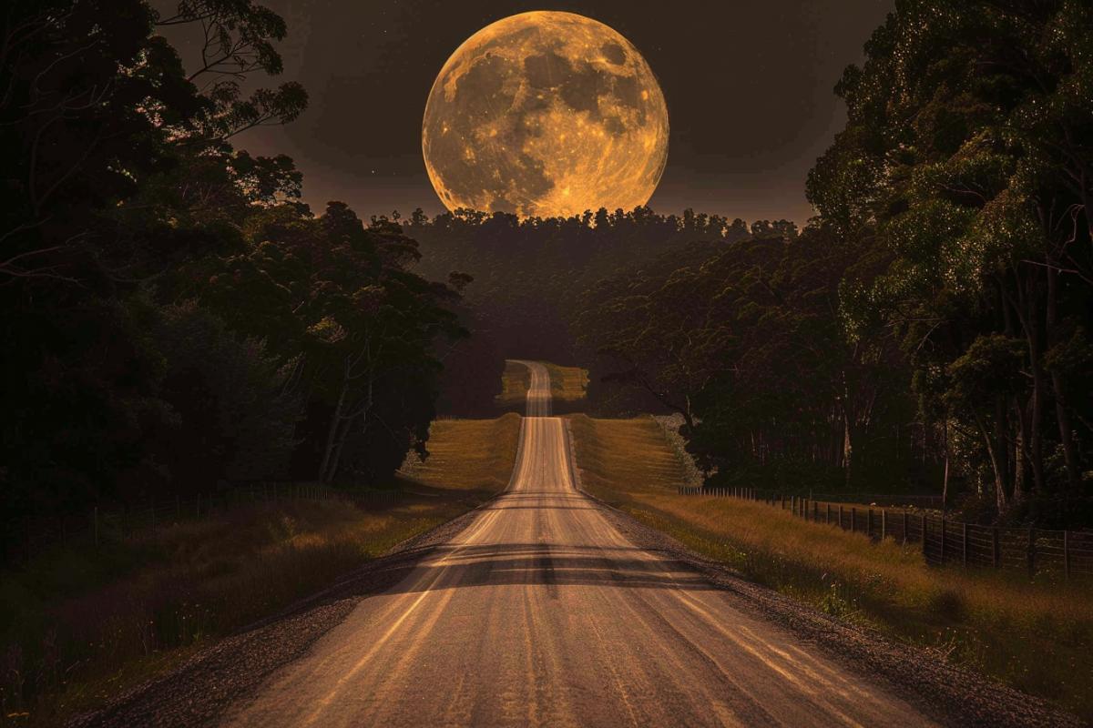 Old photo, long road, birds eye view, huge, giant moon illuminates the road, forest around