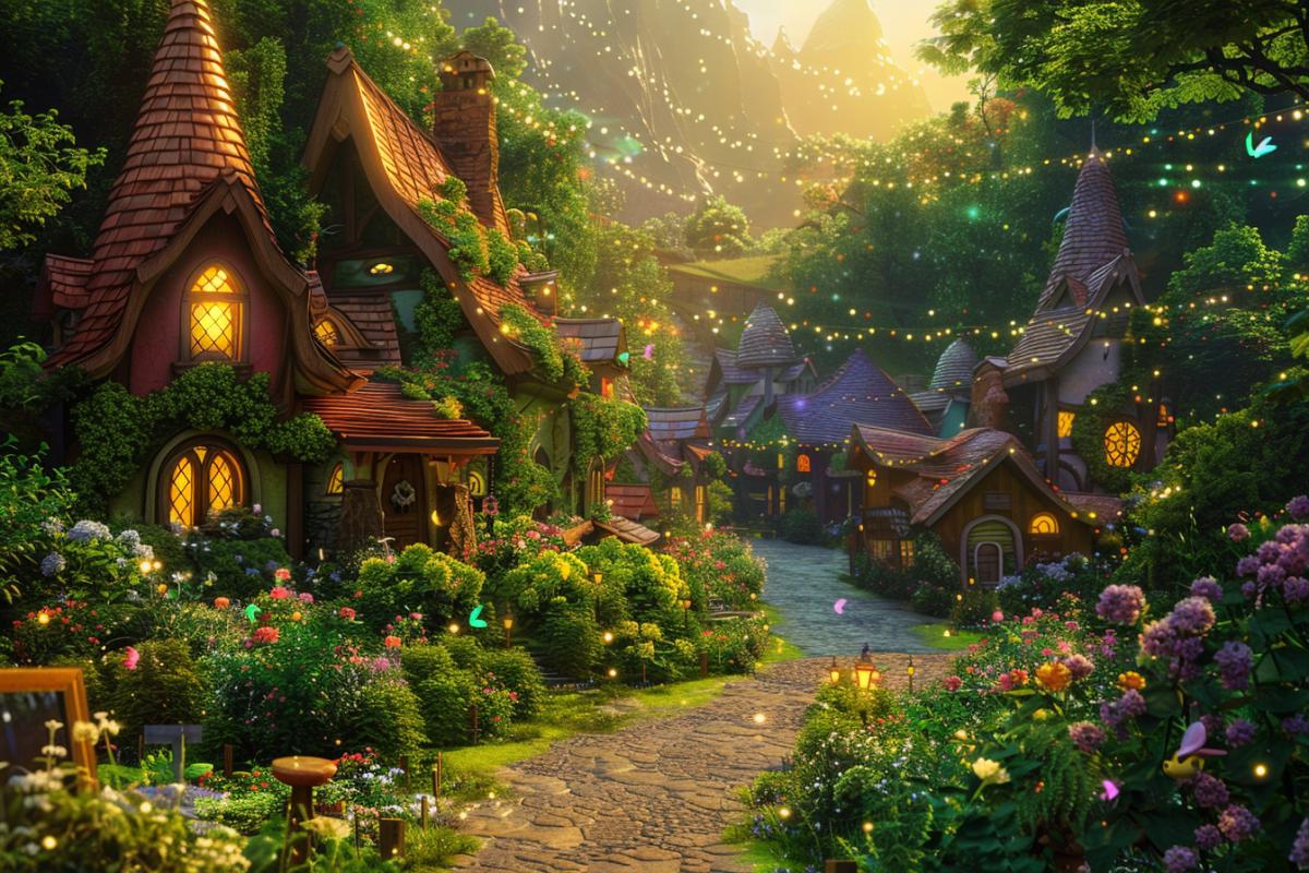 Fairytale long road in pixar style, around the village, little fairies fluttering, pixar style