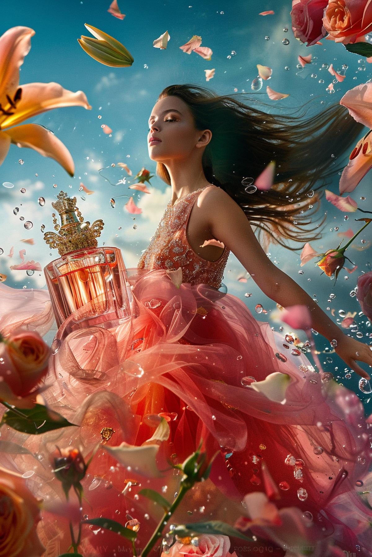 photo, a full-length girl, shrouded in a transparent liquid like in a dress, flowers are flying in different directions roses, lilies, bergamot leaves, an advertising image of a perfume bottle made of transparent pinkish glass with a gold cap in the shape of a tiara
