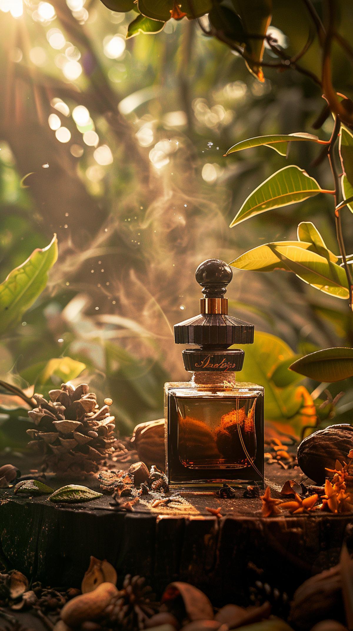 perfume photography sunny day earthy tones with oud and nut ingredients, dark bottle