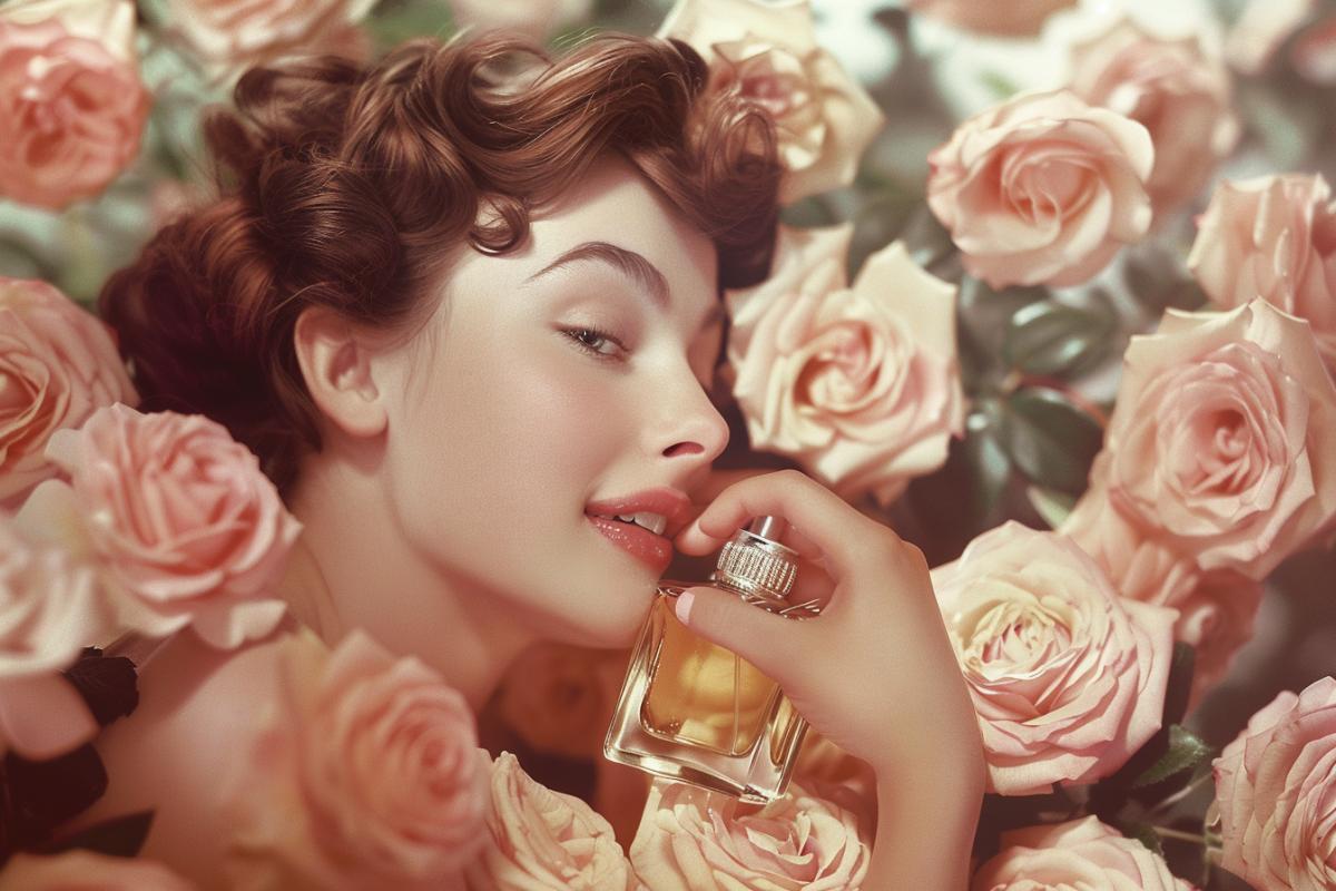 Woman inlying on roses, perfume advertisement, holding perfume