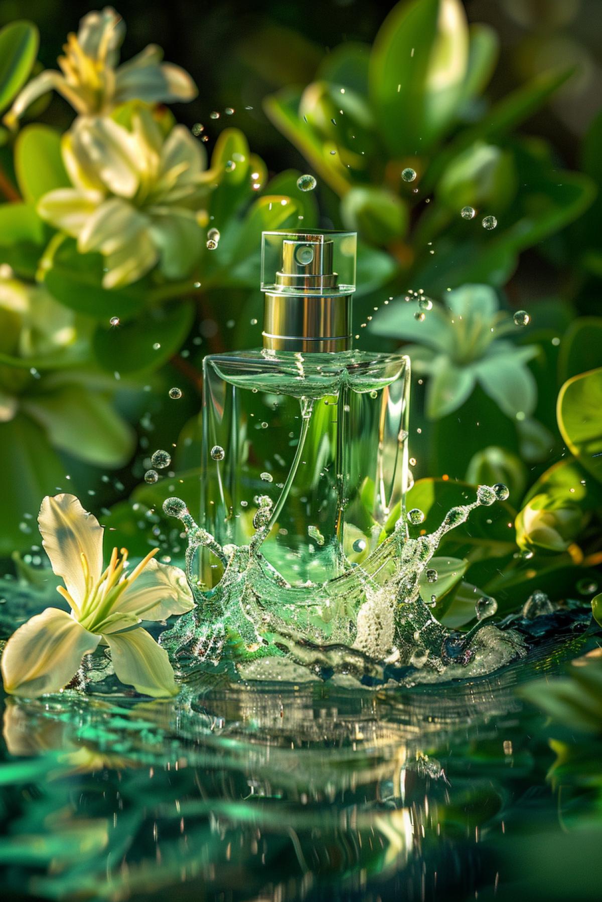 A bottle of perfume is poured horizontally in the water, surrounded by green flowers, close-up, high-resolution, detailed, hyper-realistic, transparent, clean, bright, halo, water,enviroment