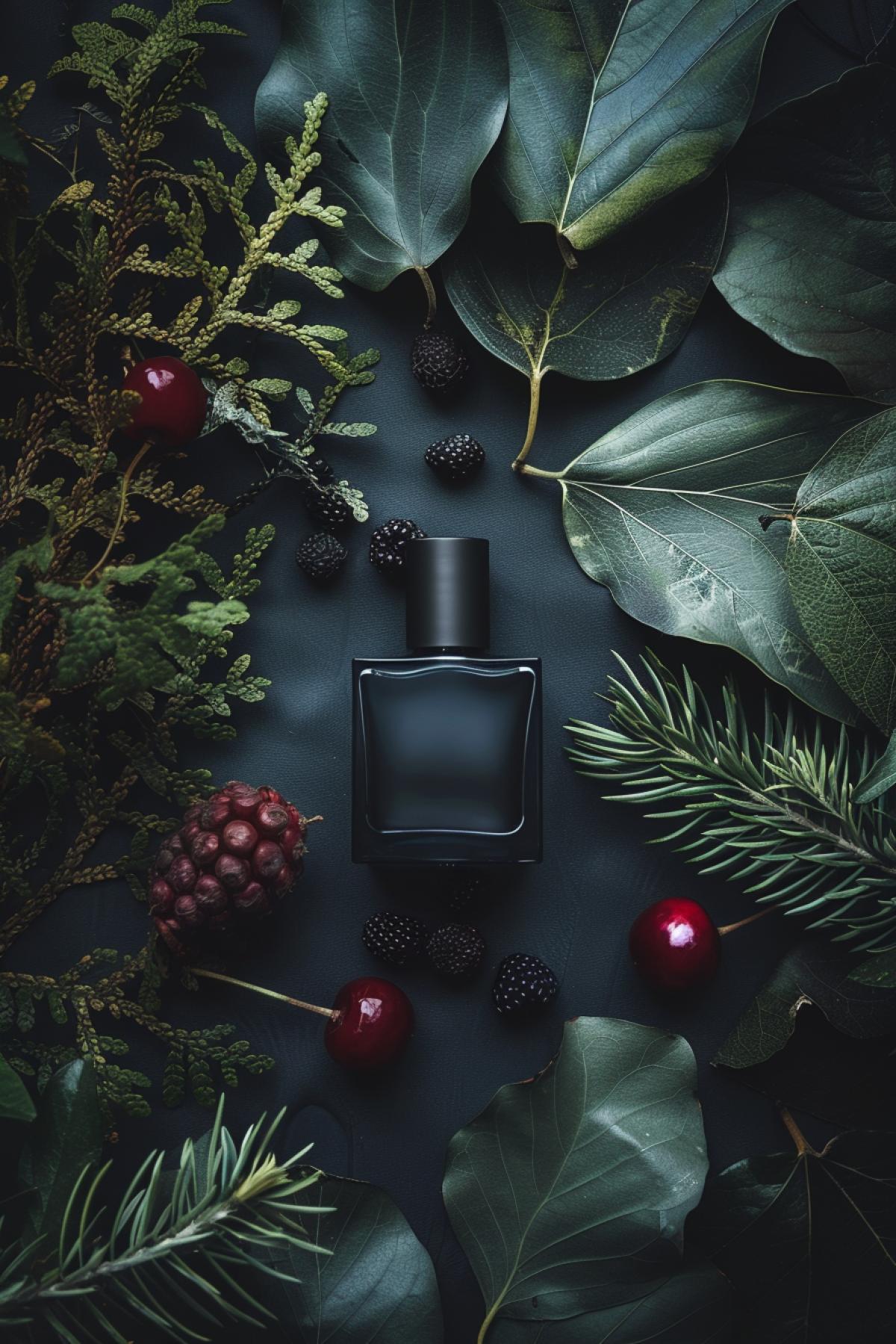 a dark perfume scent with a base not of leather and tobacco, middle is vetiver and patchouli, at the front notes we have cherry and bergamot. Make the image like shot from 5d mark iii, lens 24-70mm at 30mm f3.4