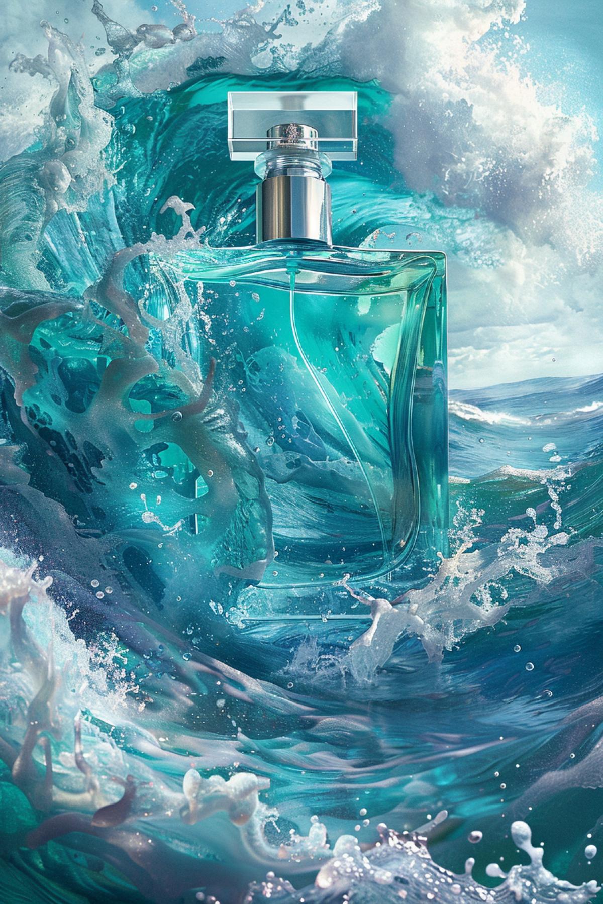 A perfume ad for a fashion magazine. A bottle with blue liquid on the background of swirling sea wave, sun glare, professional advertising photo.