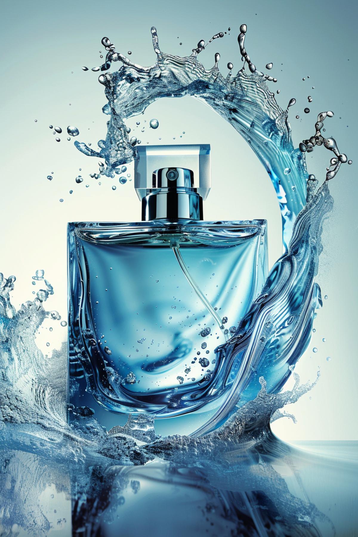 A perfume ad for a fashion magazine. A bottle with blue liquid on the background of swirling sea wave, sun glare, professional advertising photo.