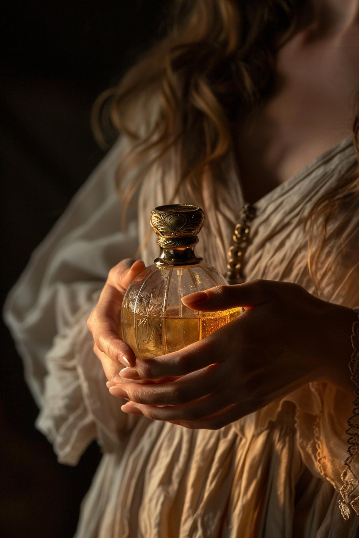 The photo shows Mona Da Vinci holding a bottle of perfume in her hands, detail, high resolution