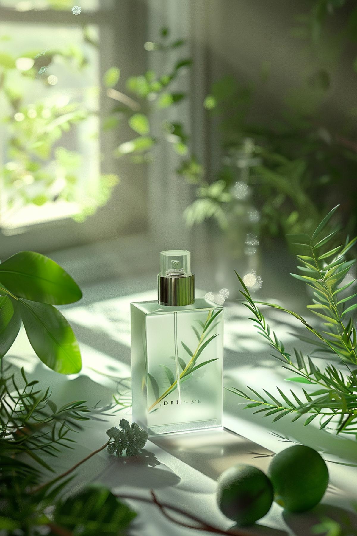 art parfume design frosted glass bottle with logo on bottle with text message arrangement light green and white green plant background depth of field premium feeling perfect lighting OC renderer Blender 8k super clear super noise reduction