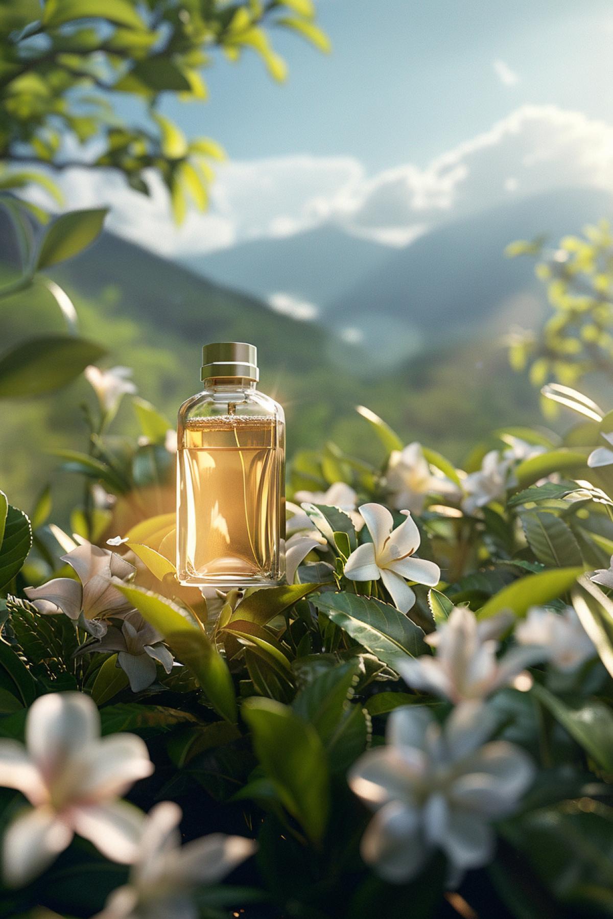 art Product Photography, a parfume, on a real tea garden, surrounded by tealeaves and jasmine flowers, charming sunlight hittingon the essence has good looking shadowsoackground is distant mountains, sky, realisticrendering, soft light, HD 8K, bright, high resolution. shot by Canon