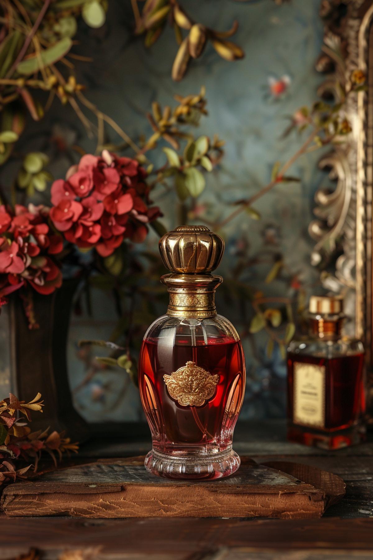 A professional product photography of a perfume bottle in front of a vintage background
