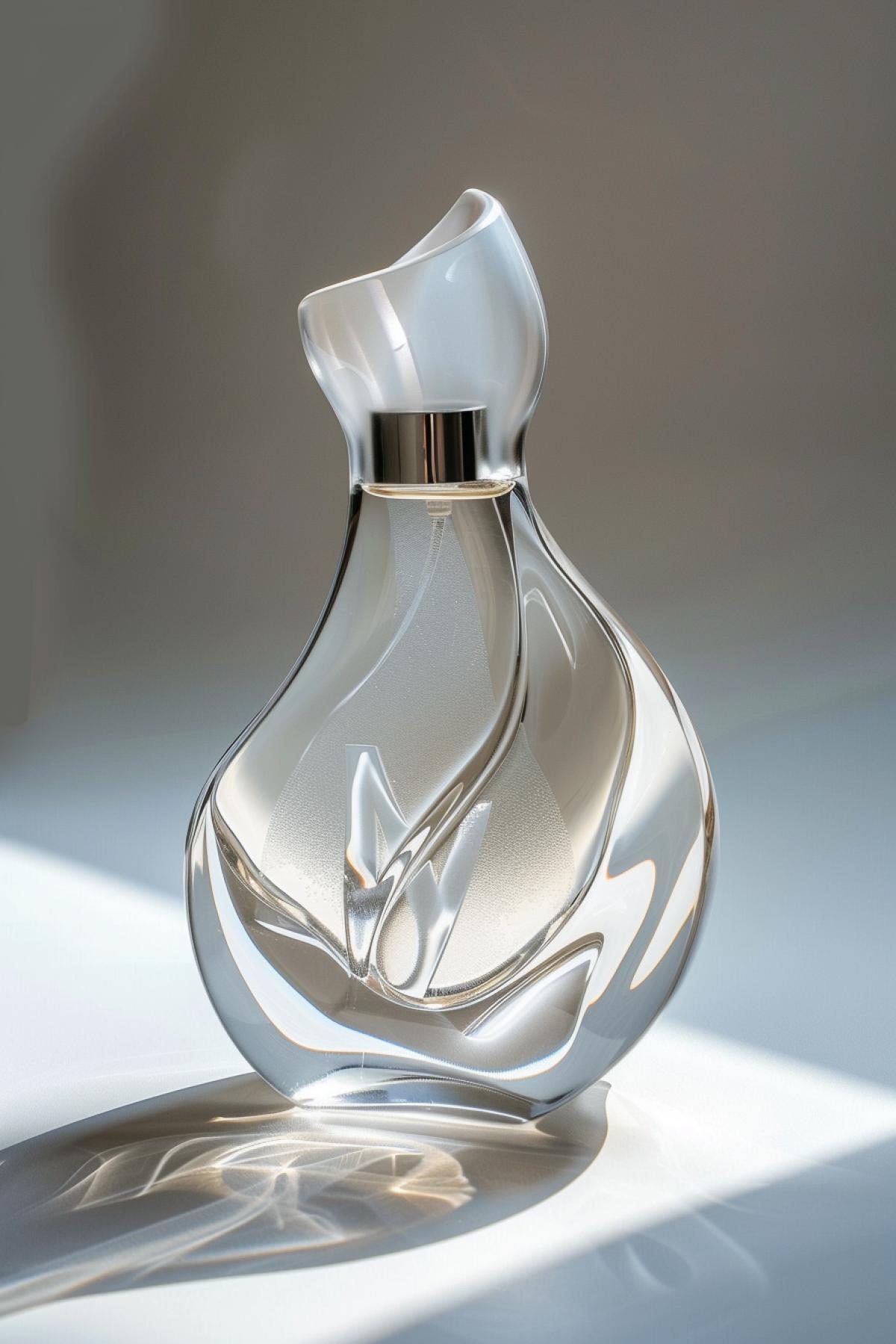 a bottle of cosmetic perfume with the letter w in it, in the style of light white and gray, flowing fabrics, afrofuturism-inspired, zen-inspired, shot on 70mm, collaborations and collectives, juxta4k of hard and soft lines