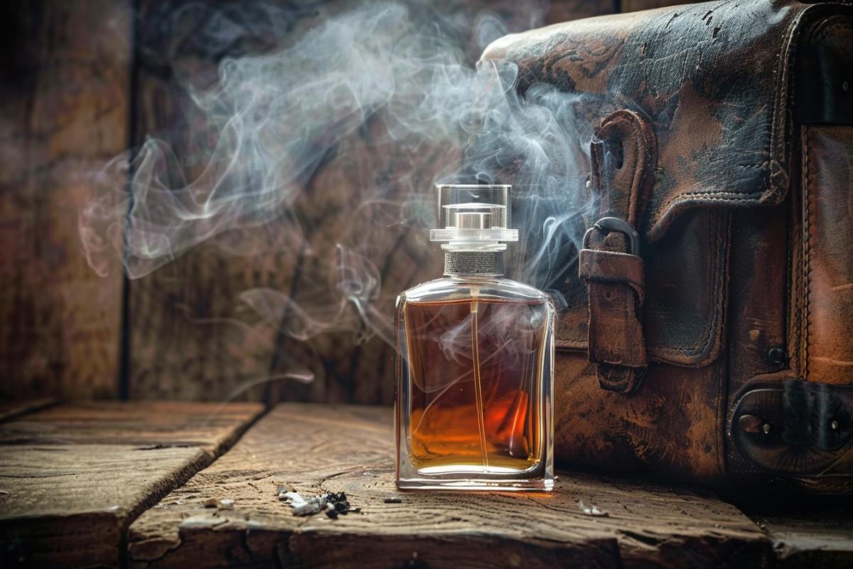 Perfume advertising, cigarette smoke, wood surroundings, leather