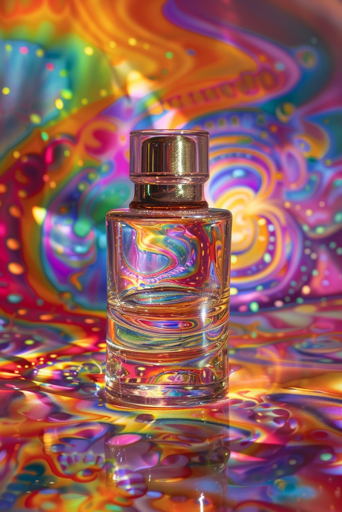 Perfume bottle, advertisement, halogram, psychedelic,