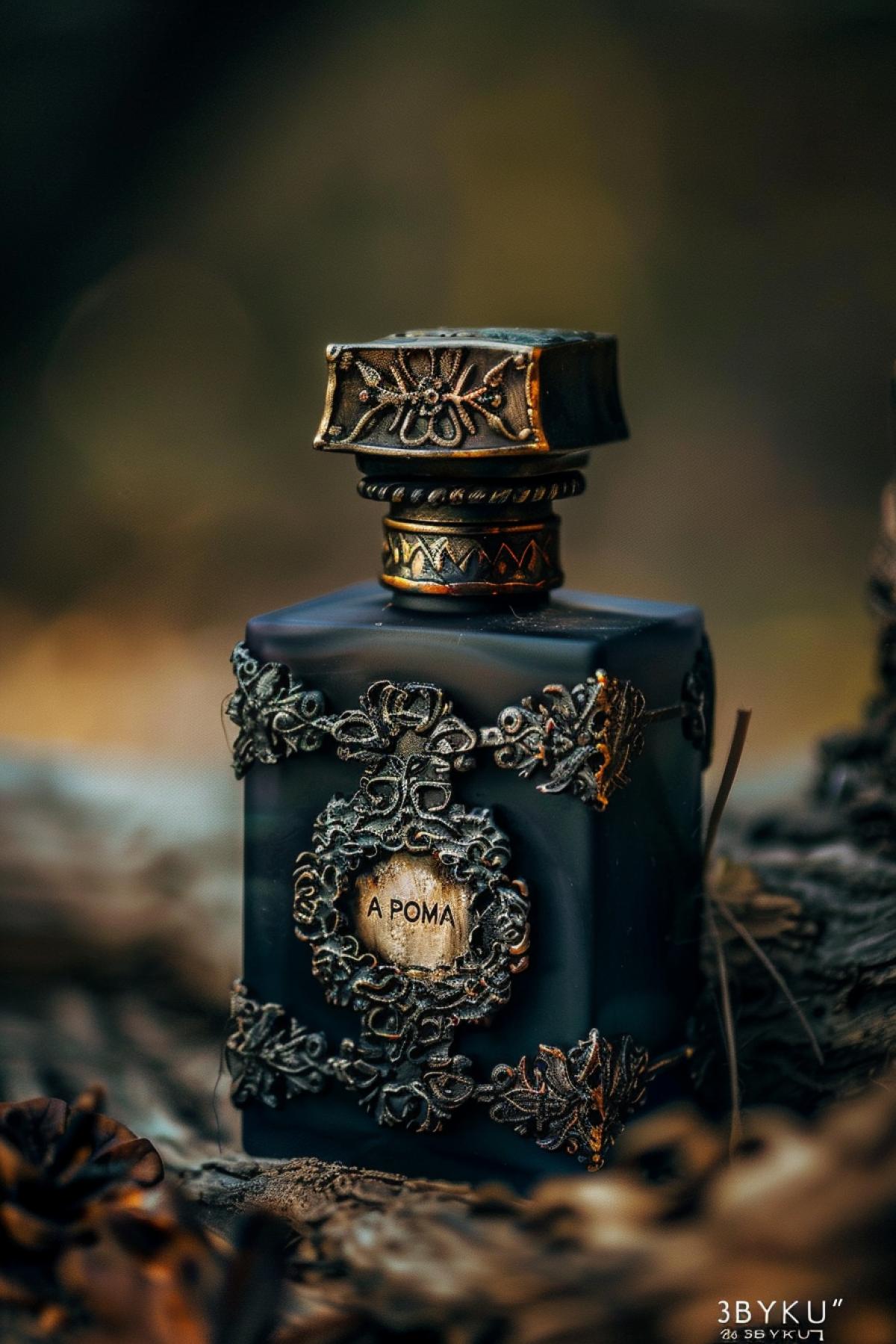 Small unusual perfume bottle, social advertising, gothic style, shimmer, good quality photo, advertising poster in the store, the inscription on the bottle \"APOMA 3BYKU\"